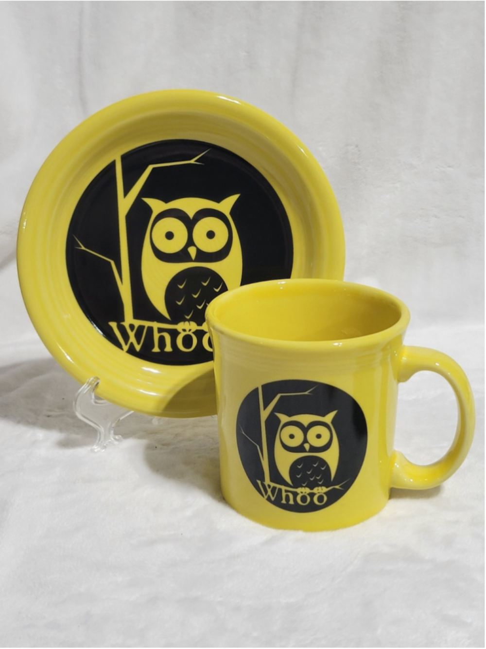 Fiesta Whoo Owl Sunflower Java Mug Bistro Appetizer Plate Halloween Retired